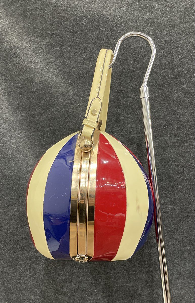 Red White Blue Striped Latex Ball Shaped Purse Sphere Bag Gold Tone Hardware