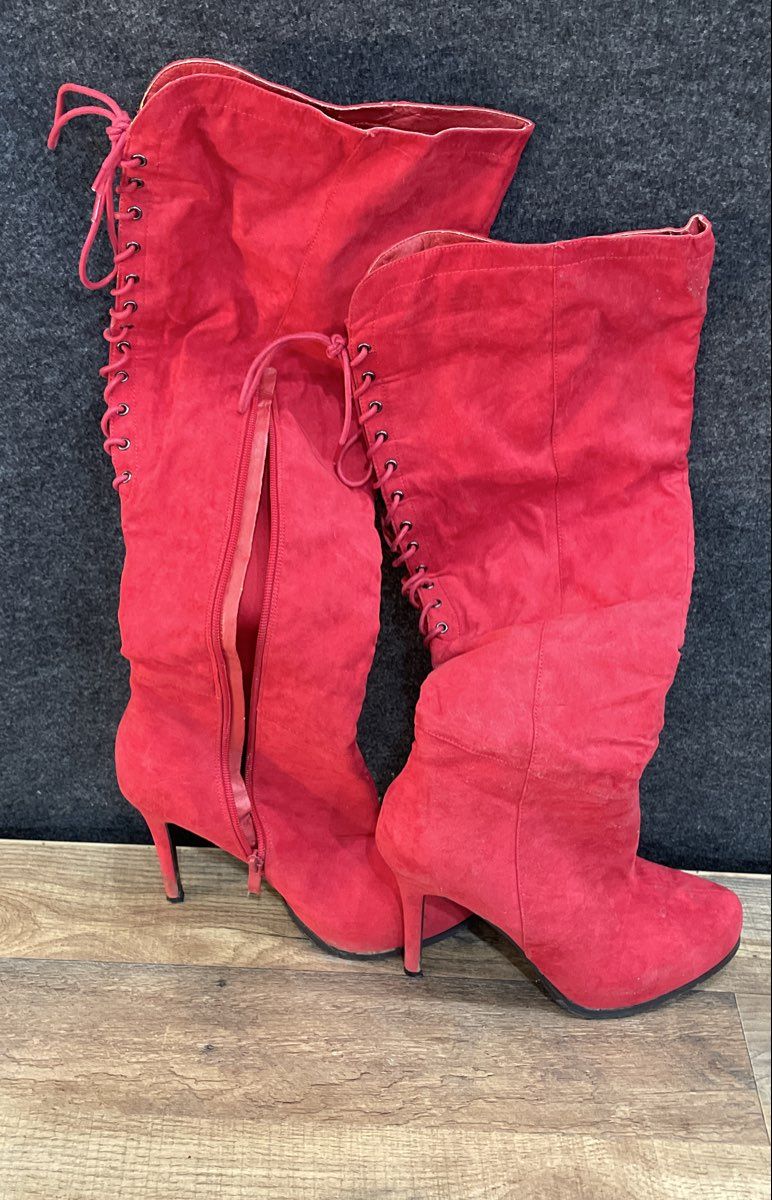 Lifted Red Suede Lace Up Over The Knee Stiletto Platform Boots Size 8.5
