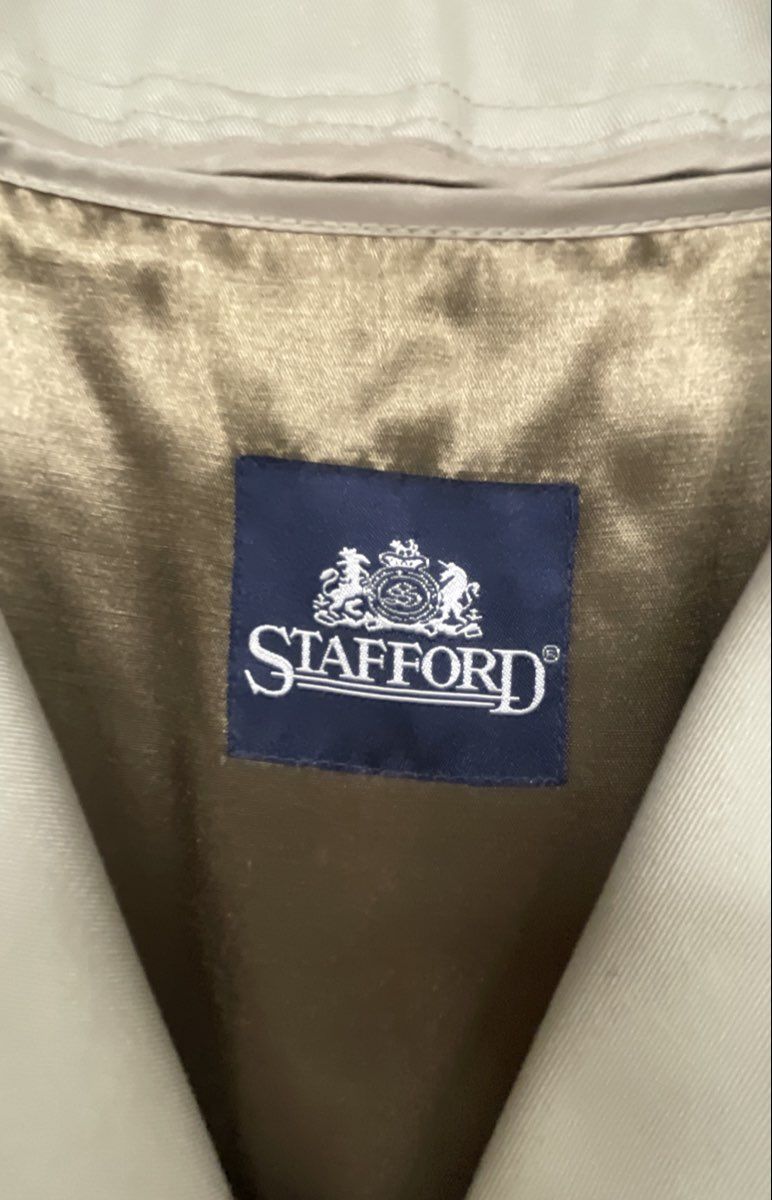 Stafford Men's Double Breasted Trench Coat Tan Khaki Belted Epaulettes Sz 42 R