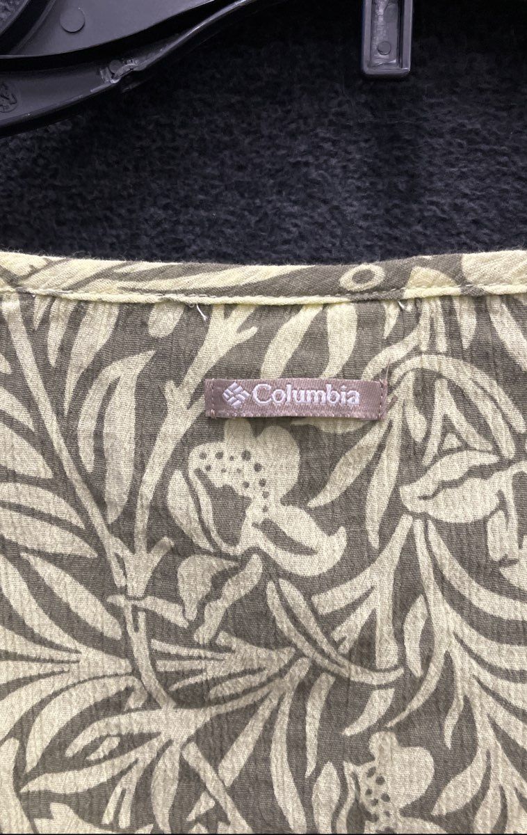 Columbia Women's Tunic Top Green Botanical Leaf Print 3/4 Tie Sleeve Sz L AL7164