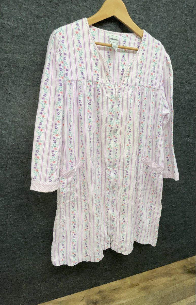 Bobbie Brooks Women's Purple Floral Striped Cotton Zip Front Nightgown L 14/16
