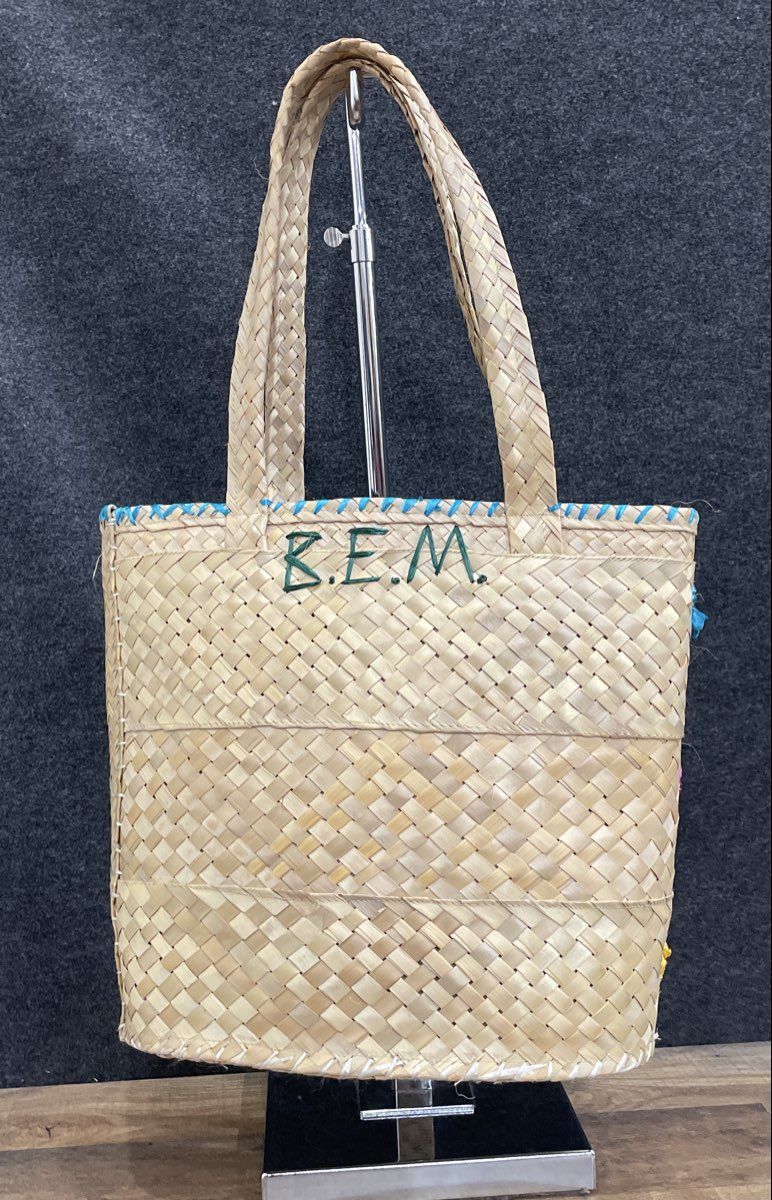 Vintage 80s B.E.M. Wood Design Bahamas Straw Tote Bag Flamingo Palm Tree COA