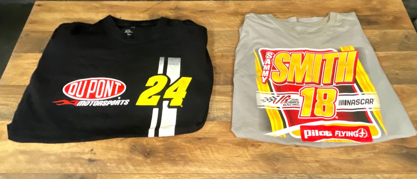 NASCAR T-Shirt Lot 2 Shirts Jeff Gordon 24 DuPont Sammy Smith 18 Joe Gibbs