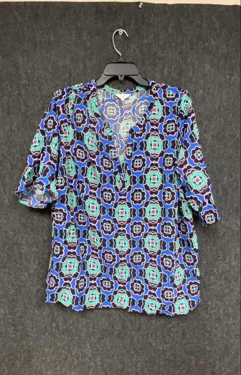Crown & Ivy Women's Blue Geometric Floral V-Neck Short Sleeve Blouse Sz 2X