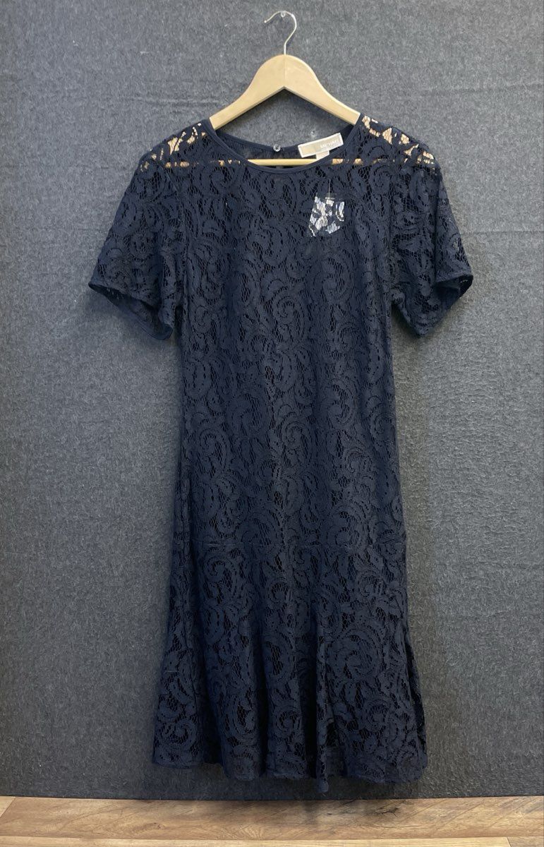Michael Kors Women's Navy Floral Lace Short Sleeve Ruffle Hem Dress Sz 6 NWT