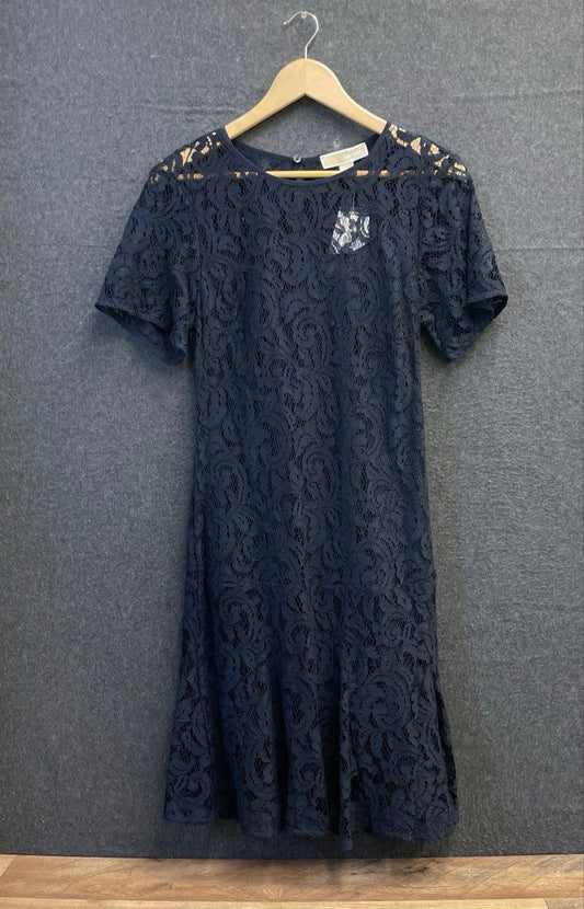 Michael Kors Women's Navy Floral Lace Short Sleeve Ruffle Hem Dress Sz 6 NWT