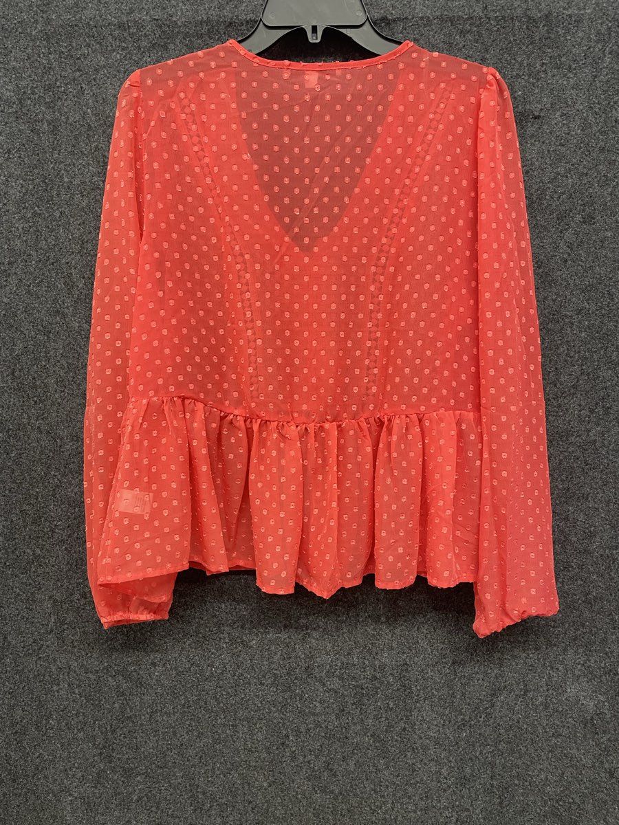 Haute Monde Women's Coral Swiss Dot Ruffle Peplum Blouse V-Neck NWT Sz L