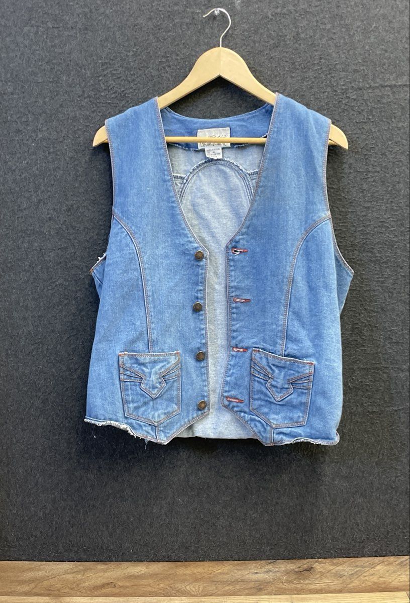 L'Avion Men's Vintage 90s Denim Vest Blue Cotton Frayed Hem Sz XL