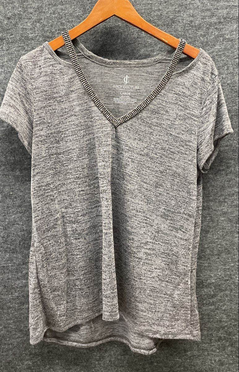 Juicy Couture Women's Grey V-Neck Shirt Embellished Cold Shoulder Heathered Sz L