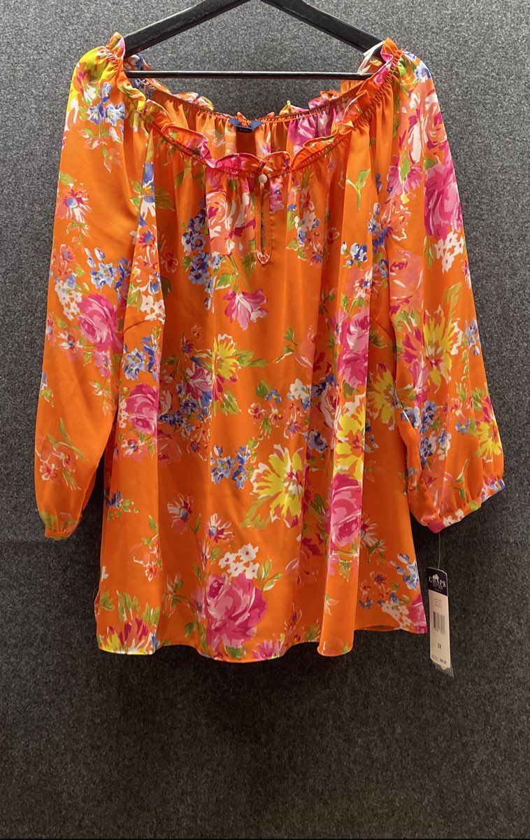 Chaps Women's Orange Floral Ruffle Neck Peasant Blouse Size 2X NWT