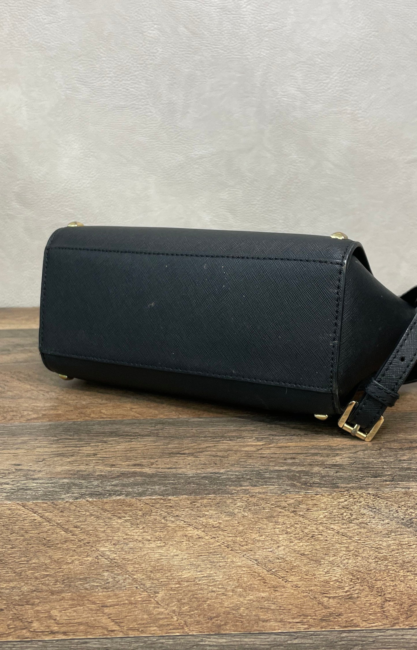 Michael Kors Black Saffiano Leather Studded Selma Messenger Crossbody Bag Gold