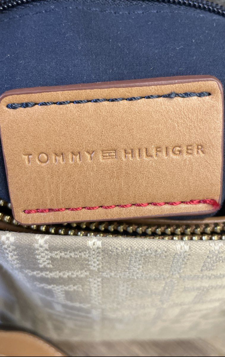 Tommy Hilfiger Tan Monogram Jacquard Crossbody Tote Bag Gold Tone Hardware