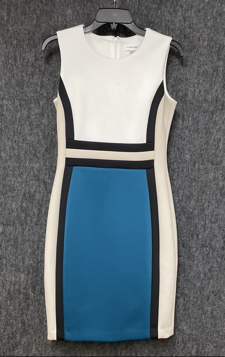 Calvin Klein Women's Color-Block Sheath Dress White Blue Black Sleeveless Sz 4