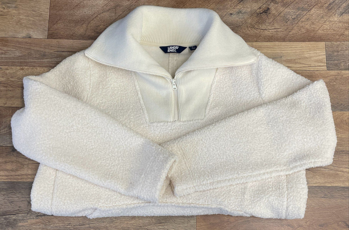Land's End Women's Cream Fuzzy Sherpa Fleece Quarter Zip Pullover Sz L