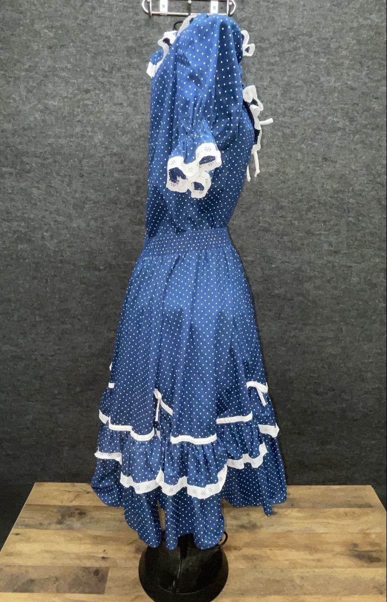 Vintage 80s Blue Polka Dot Square Dance Skirt Blouse Set Eyelet Size M