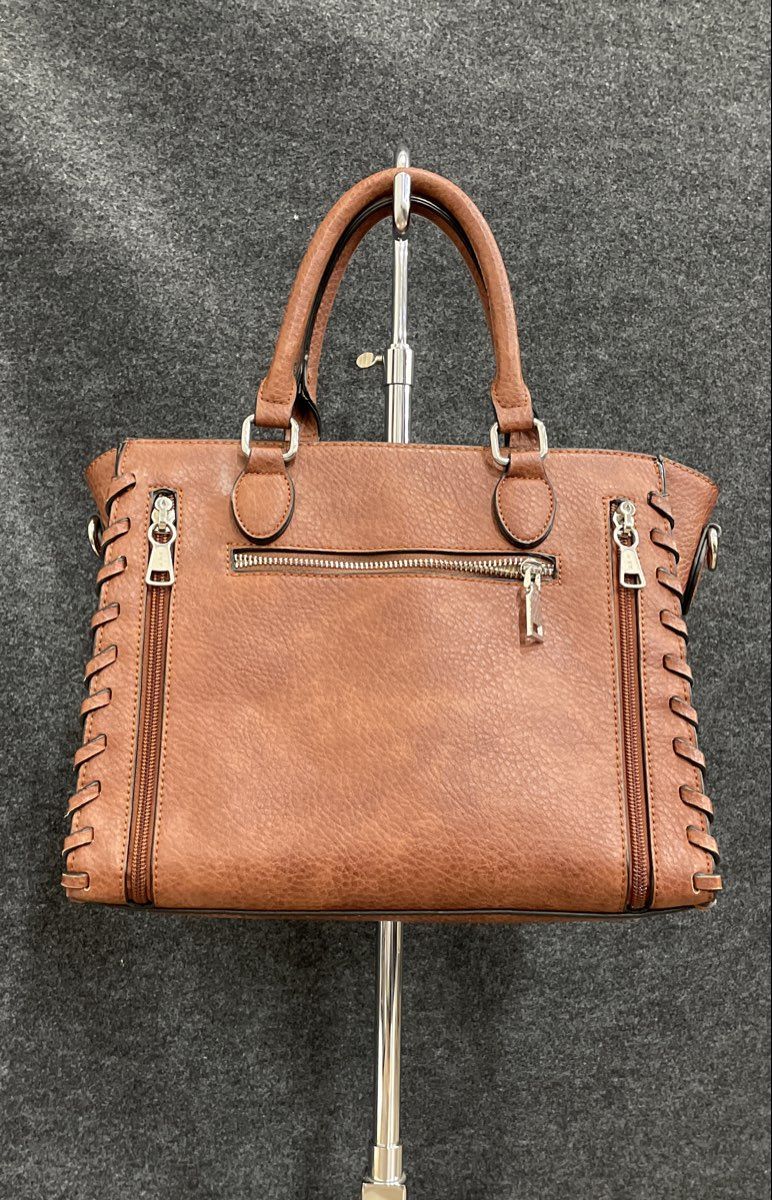 Lady Conceal Brown Leather Satchel Handbag Laced Trim Multi-Pocket