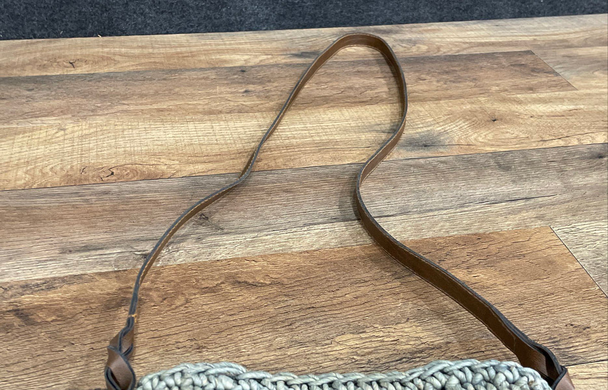 Grey Woven Crochet Mini Crossbody Bag Brown Faux Leather Strap Small