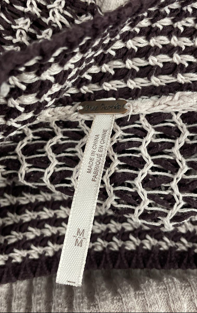 Free People Women's Snow Day Top Beige Purple Waffle Knit Crochet Yoke Sz M