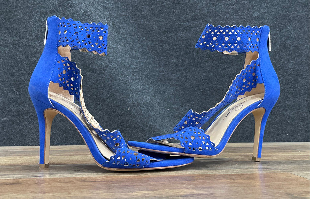 Jessica Simpson Blue Laser Cut Perforated Ankle Strap Stiletto Heels Size 8.5