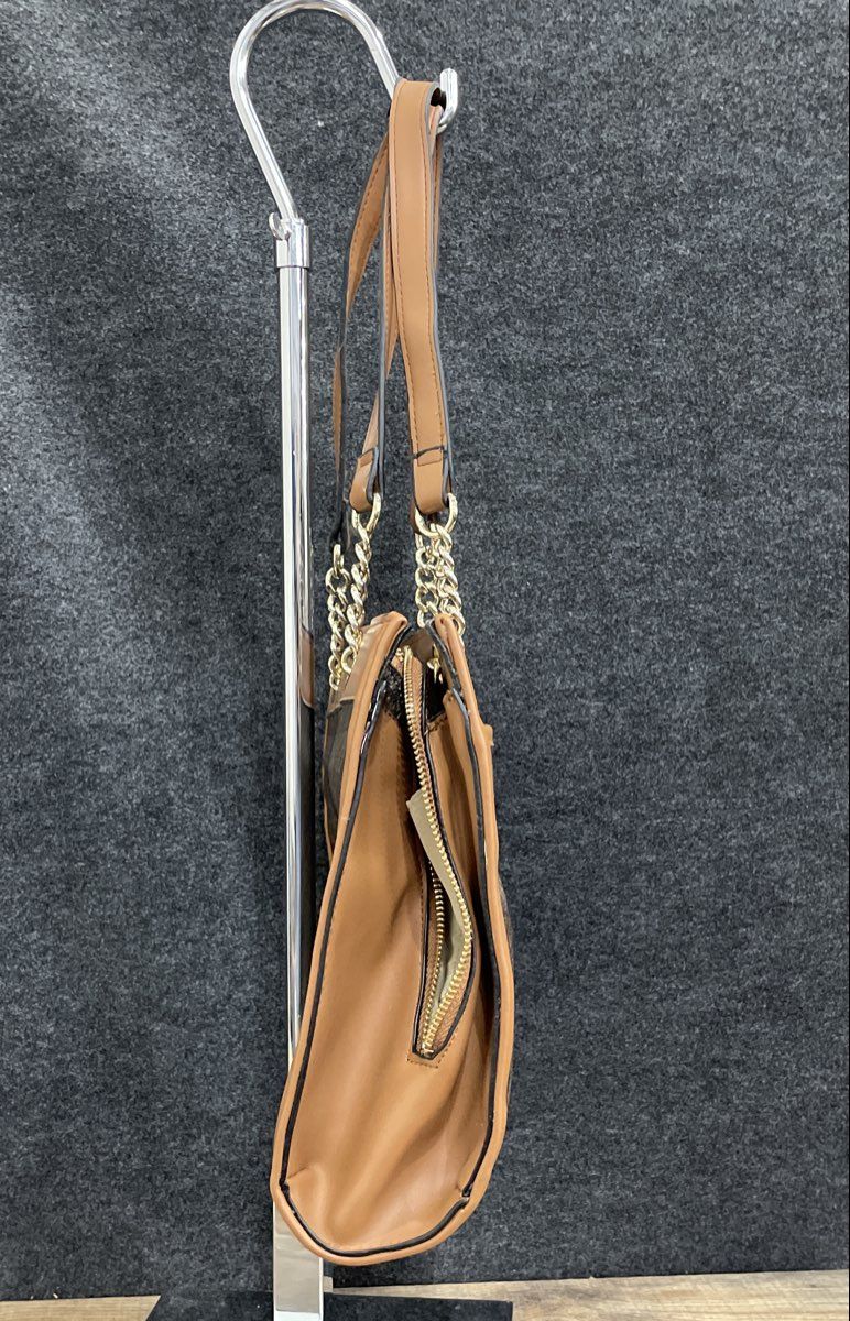 Jones New York Signature Brown Black Leather Monogram Tote Bag Gold Hardware