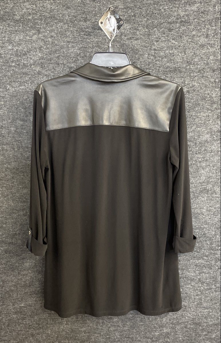 Jones New York Women's Black Faux Leather Trim Roll Tab Sleeve Tunic Top Sz M