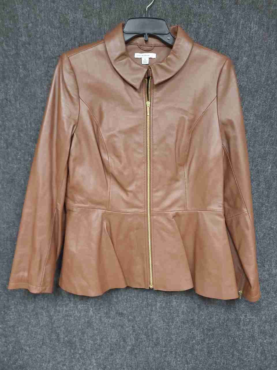 Isaac Mizrahi Live! Women's Cognac Tan Leather Peplum Hem Zip Jacket Sz 6