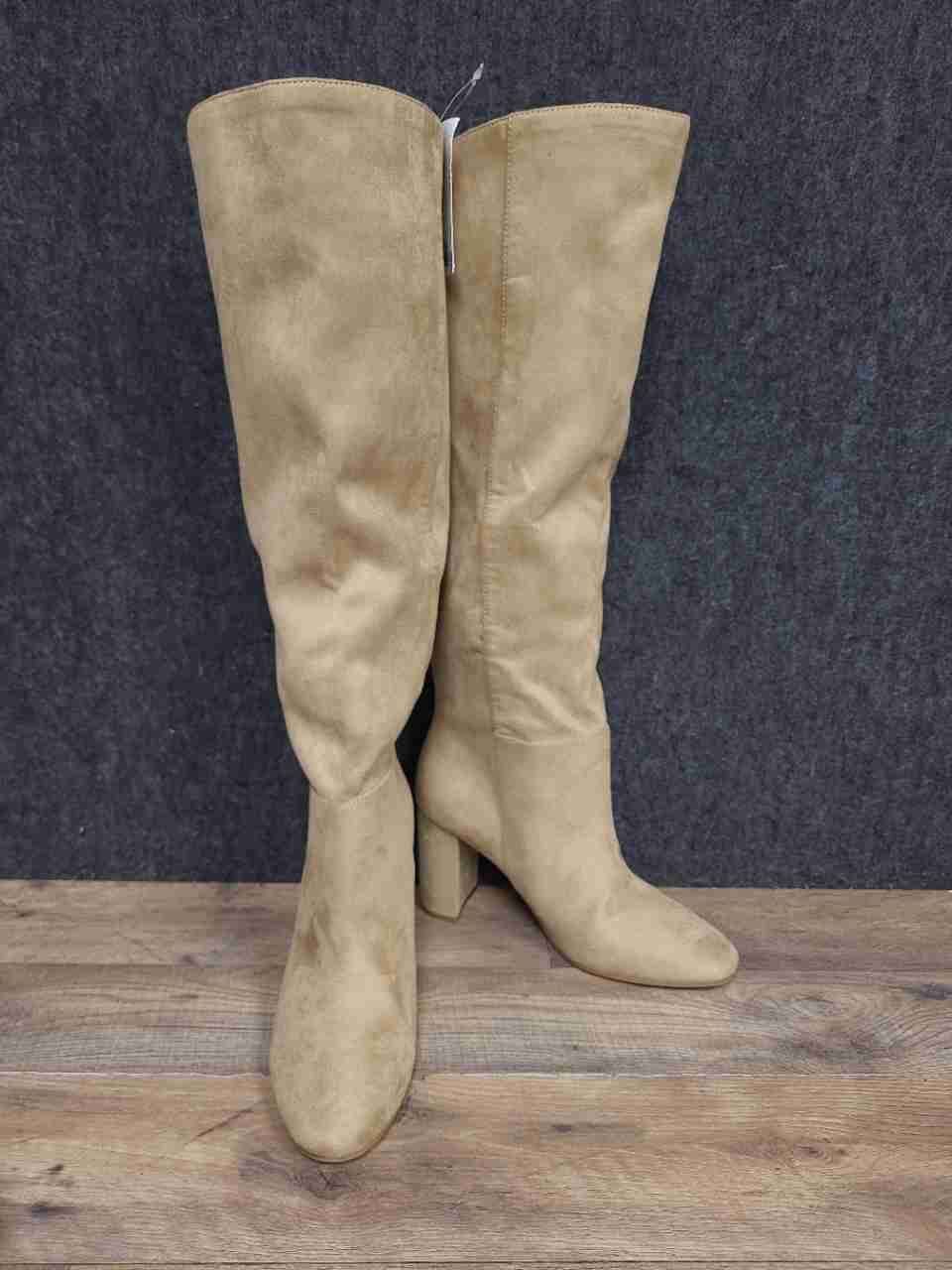 H&M Beige Faux Suede Knee High Block Heel Boots Women's Size 38 US 7.5