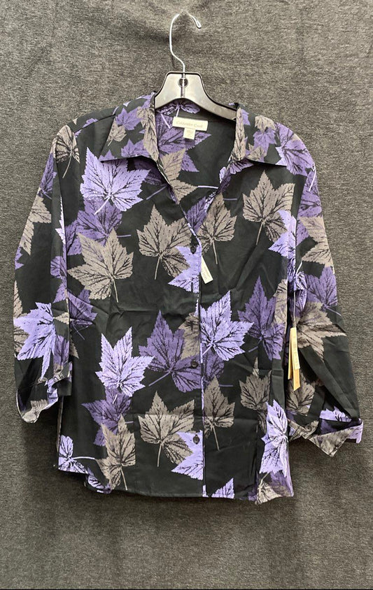 Coldwater Creek Women's Blouse Black Purple Leaf Print No Iron Cotton NWT Sz M