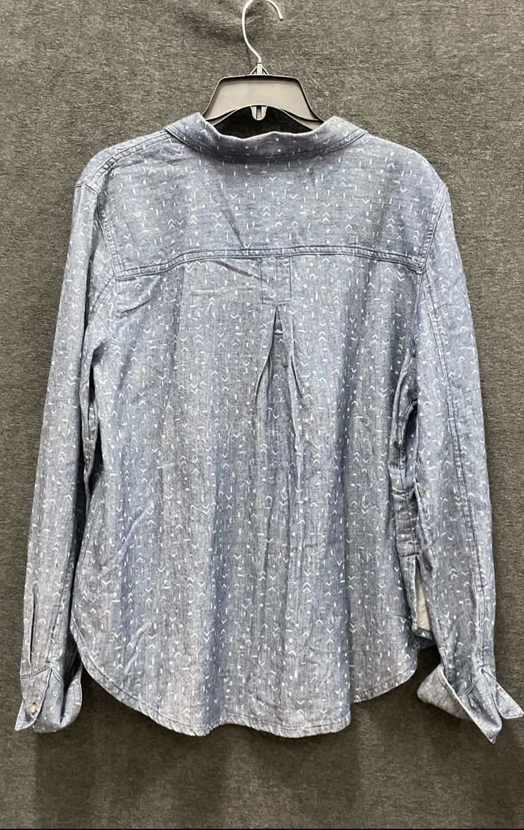 Prana Women's Blue Washed Out Denim Shirt Geometric Print Organic Cotton Sz L