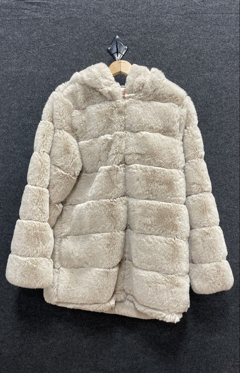 Red Marine Women's Cream Faux Fur Hooded Tiered Paneled Jacket Coat Sz XL