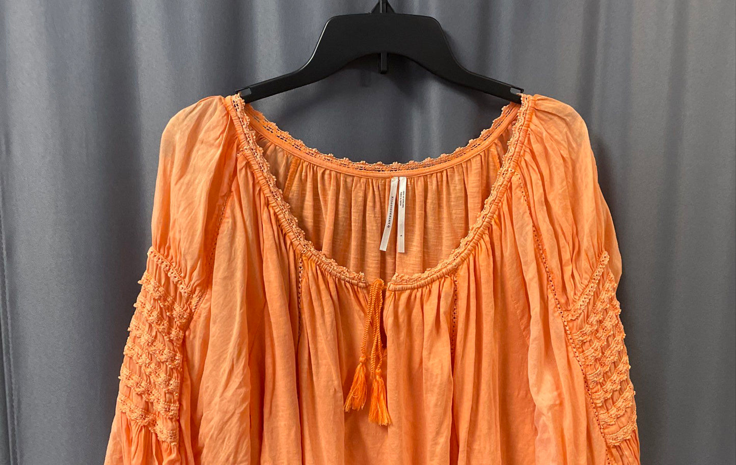 Anthropologie Women's Orange Cotton Peasant Blouse Tassel Smocked Sleeves Sz L