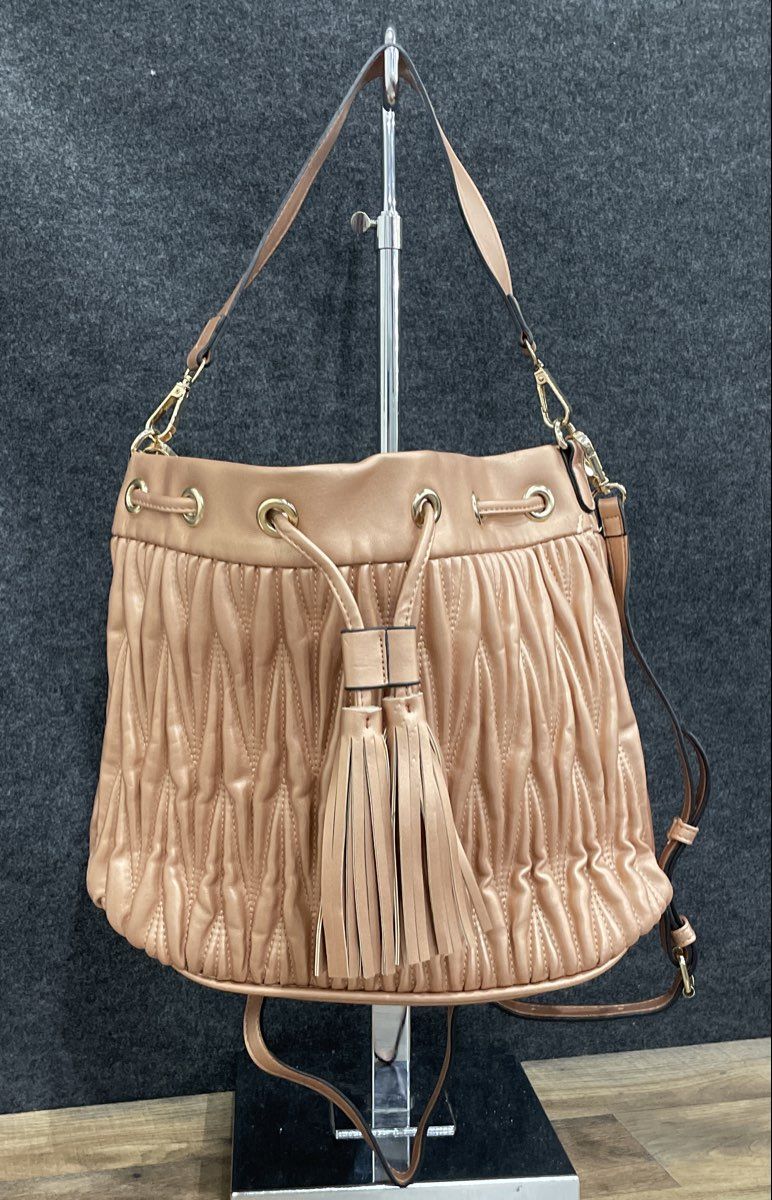Pink Leather Quilted Tassel Bucket Bag Rose Gold Crossbody Handbag Large