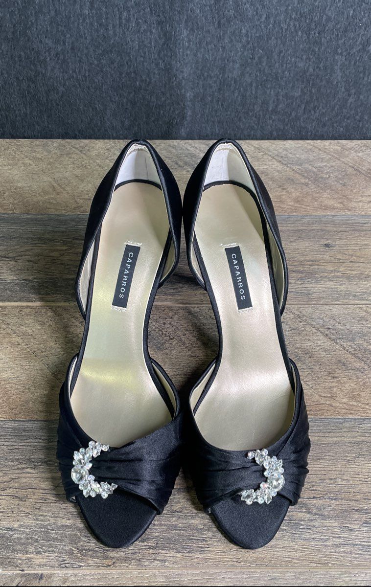 Caparros Black Satin d'Orsay Rhinestone Peep Toe Stiletto Heels Size 10
