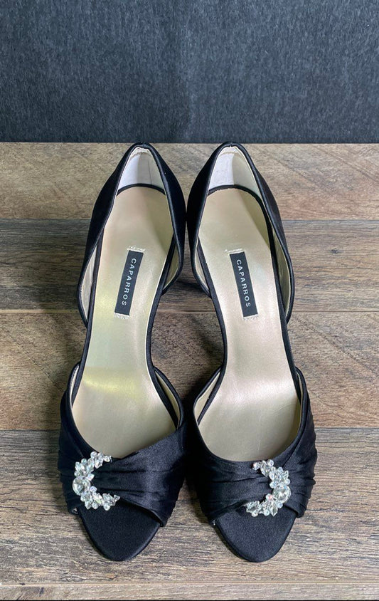 Caparros Black Satin d'Orsay Rhinestone Peep Toe Stiletto Heels Size 10