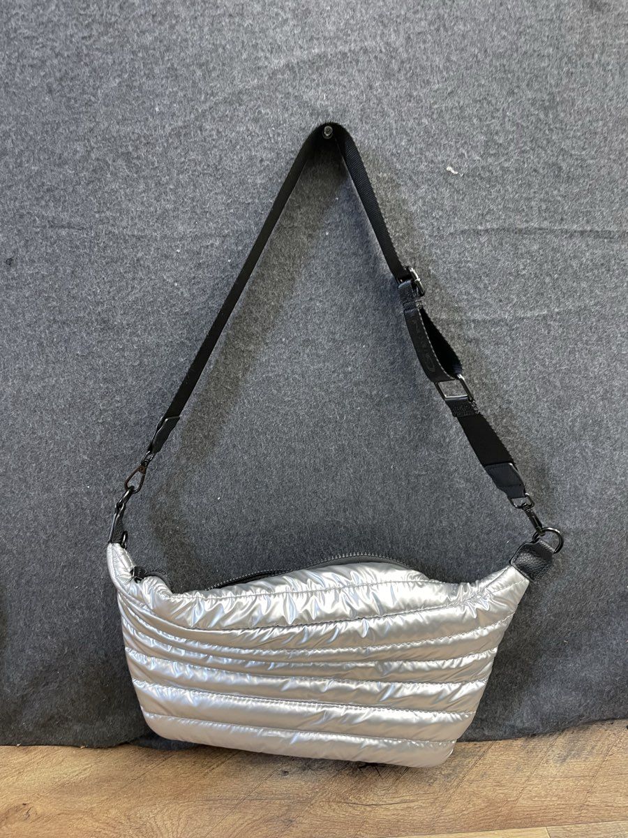 BCBGeneration Silver Metallic Quilted Puffer Crossbody Belt Bag Fanny Pack