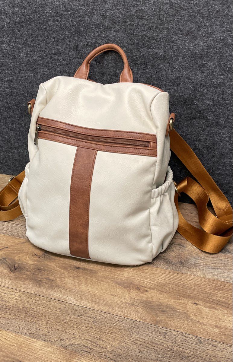 Missnine Cream White Brown Faux Leather Anti-theft Laptop Backpack Travel Bag
