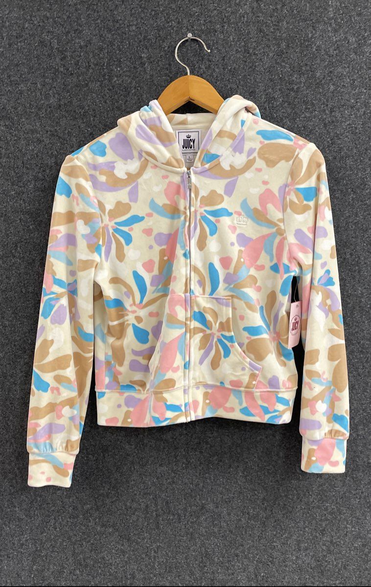 Juicy by Juicy Couture Women's Firework Floral Pebble Velour Hoodie Sz L NWT