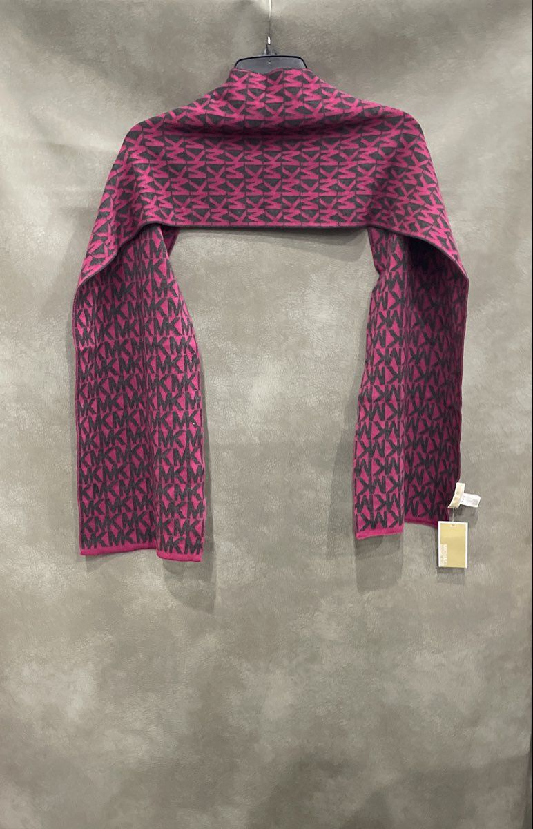 Michael Kors Women's Scarf Pink Gray MK Logo Monogram Knit Muffler Winter NWT