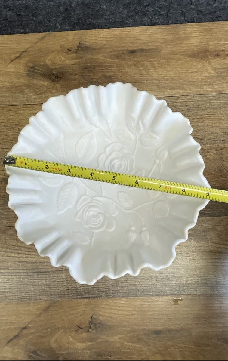 Satin Glass White Rose Pattern Ruffled Bowl 9 Inch Vintage