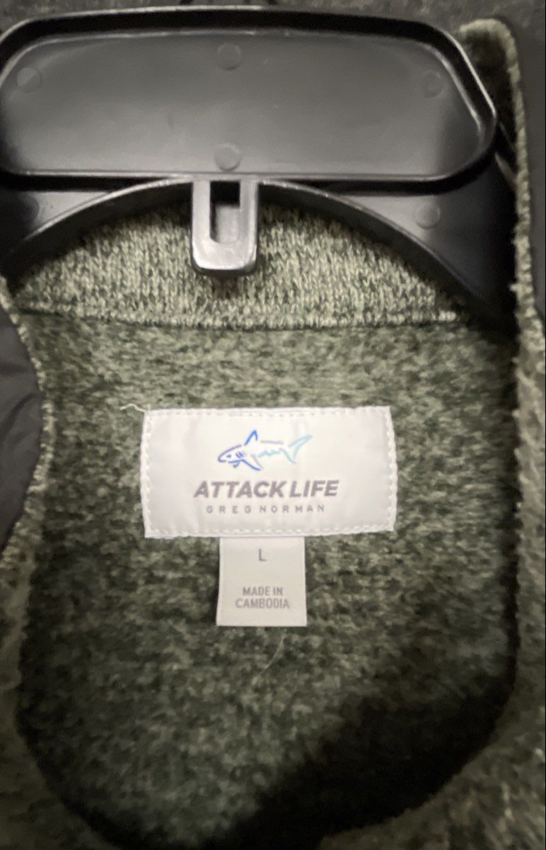 Greg Norman Attack Life Men's Gray Black Full Zip Mixed Media Shark Vest Sz L
