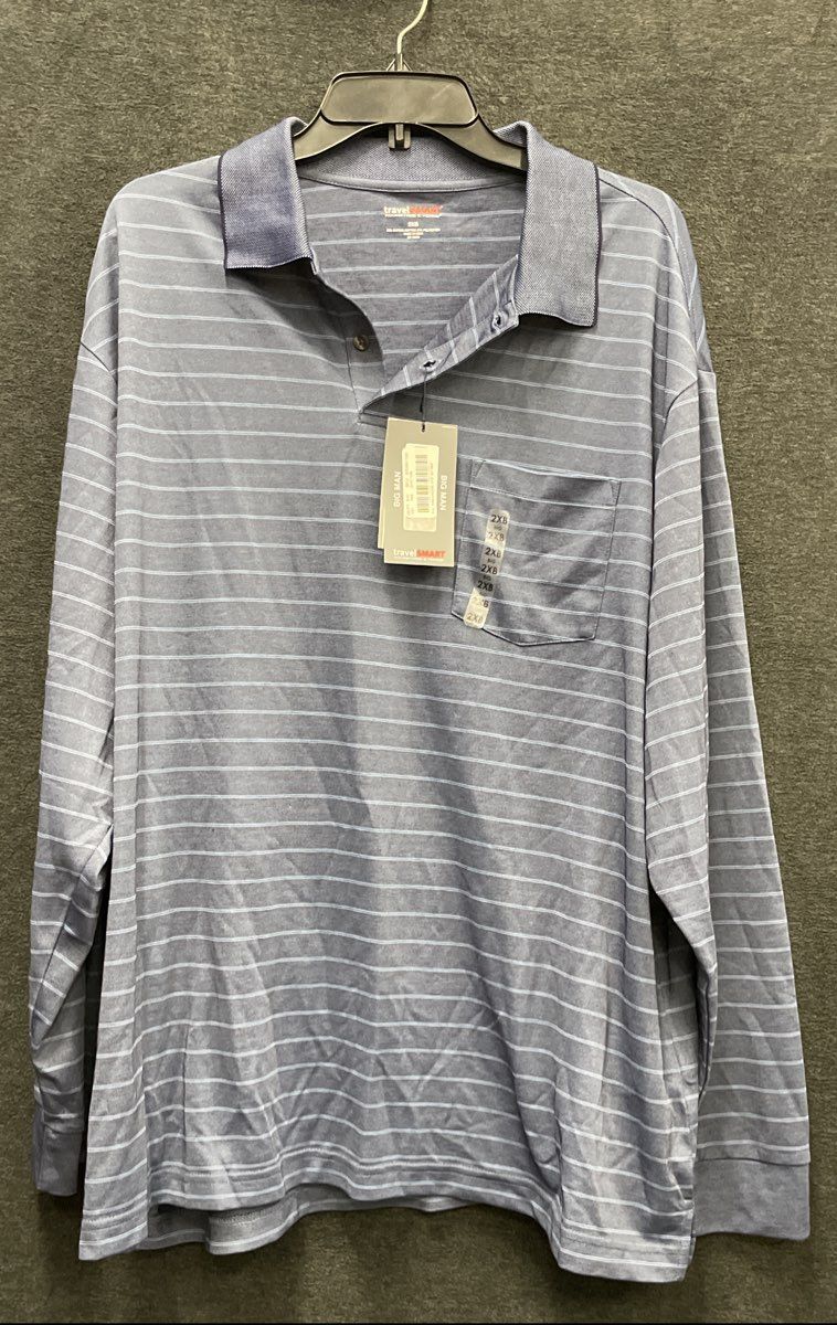 Roundtree & Yorke Men's Blue Striped Long Sleeve Travel Shirt NWT Sz 2XB