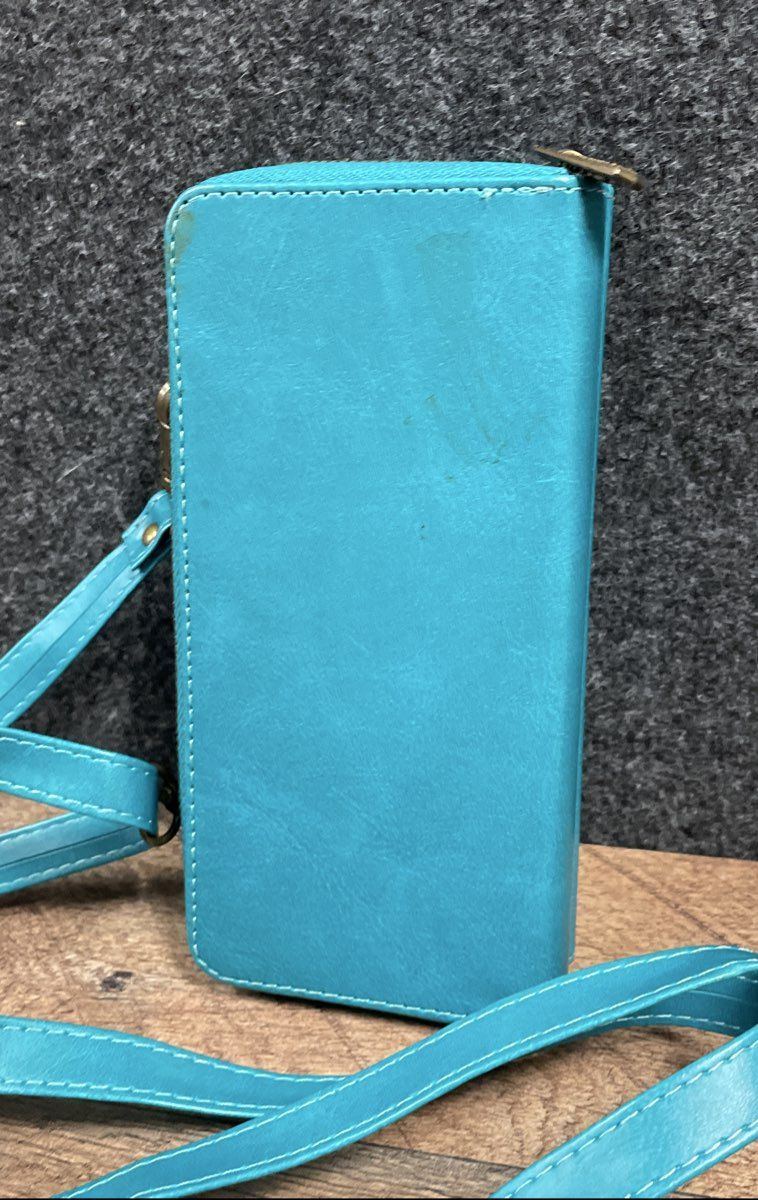 Megshi Crossbody Wallet Phone Case Teal Blue Vegan Leather Travel Organizer