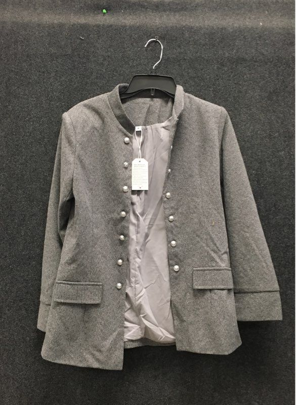 Made With Women's Gray Military Band Jacket Mandarin Collar Silver Buttons Sz M