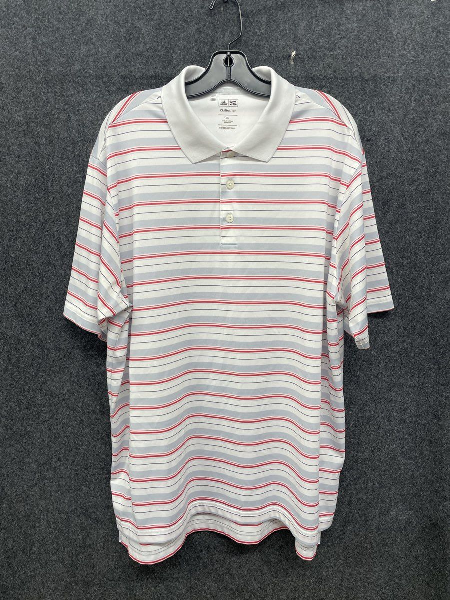 Adidas Golf Men's Climalite Polo Shirt White Red Blue Multi Stripe Sz XL
