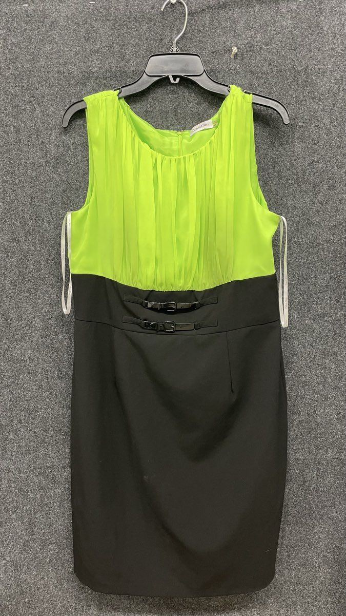Calvin Klein Women's Black Green Colorblock Sheath Pleated Chiffon Dress Size 14