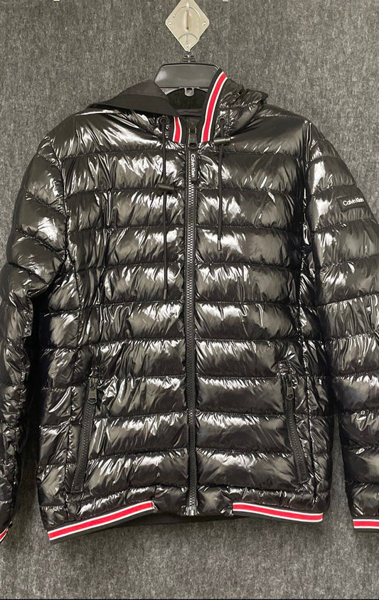 Calvin Klein Men's Black Shiny Hooded Puffer Jacket Water Resistant Sz M