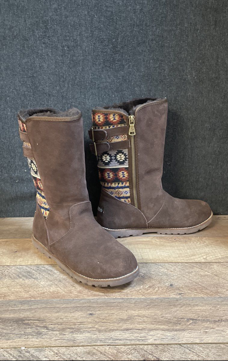 Lamo Malanie Women's Brown Suede Southwest Tribal Mid-Calf Boots Size 8