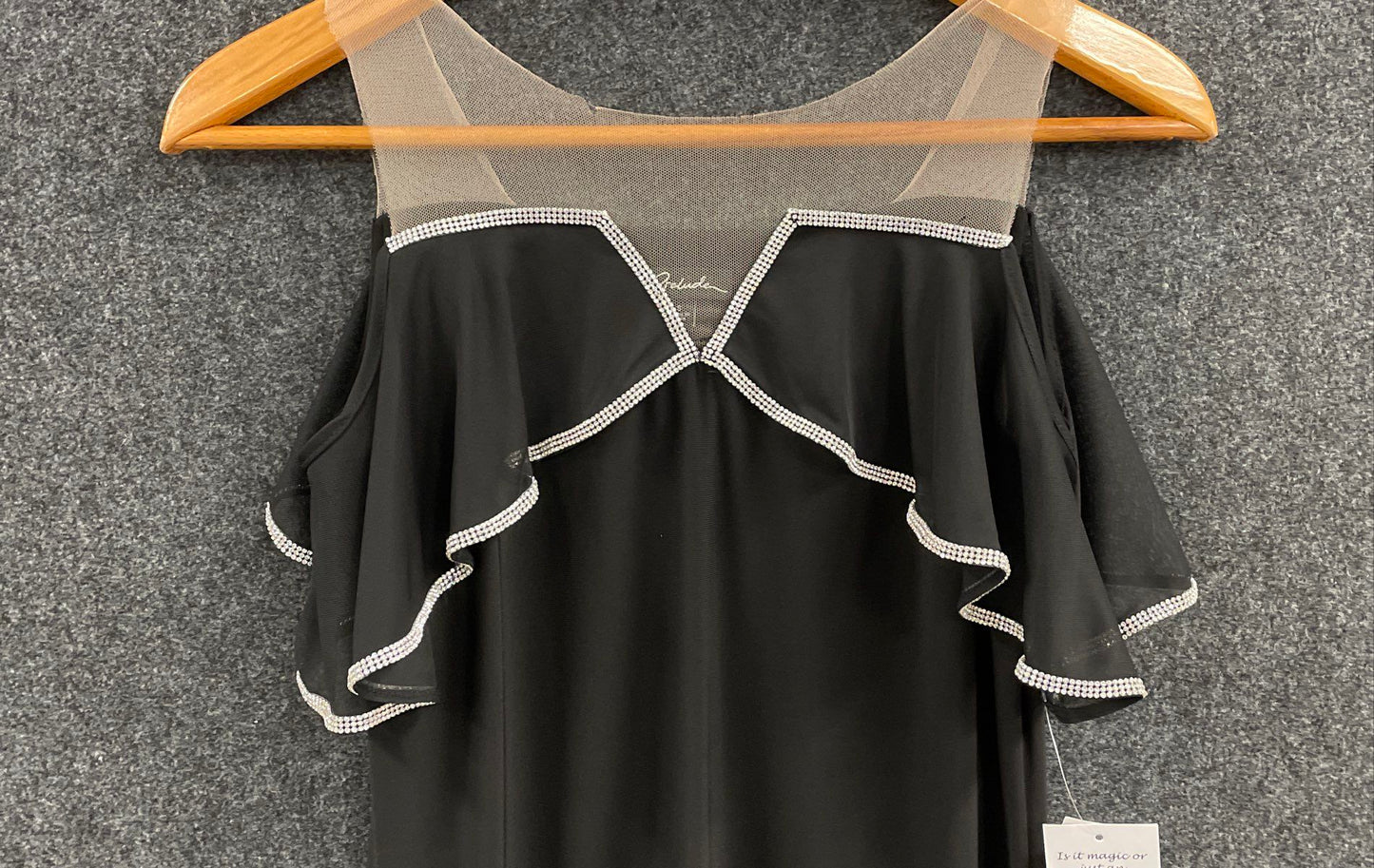 Prelude Women's Black Rhinestone Trim Cold Shoulder Illusion LBD Dress NWT Sz S