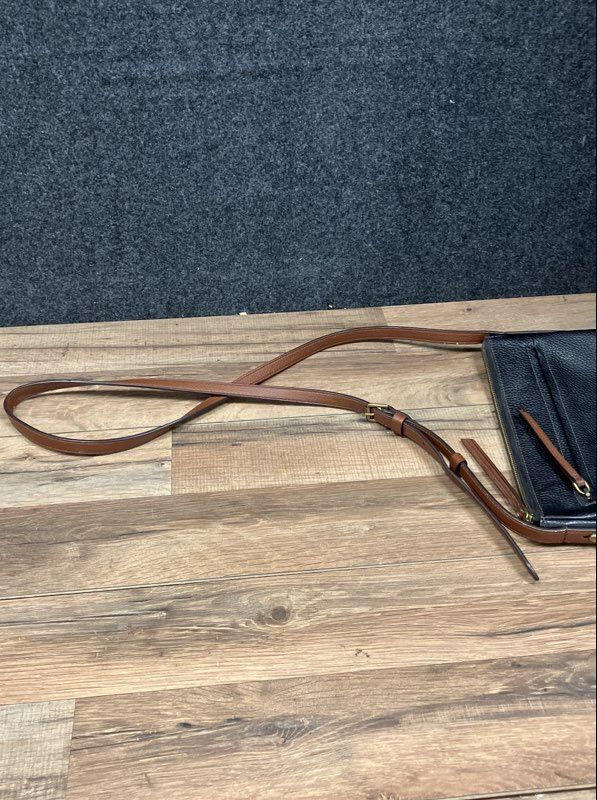 Fossil Black Pebbled Leather Crossbody Bag Brown Adjustable Strap Gold Tone