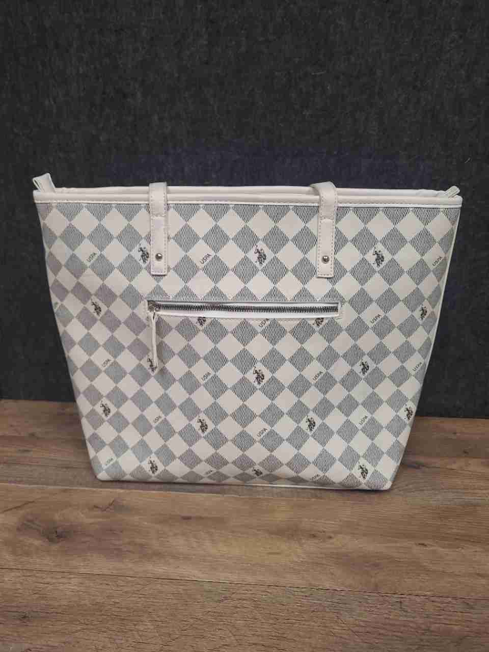 U.S. Polo Assn. White Checkered Monogram Tote Bag Large Red Interior